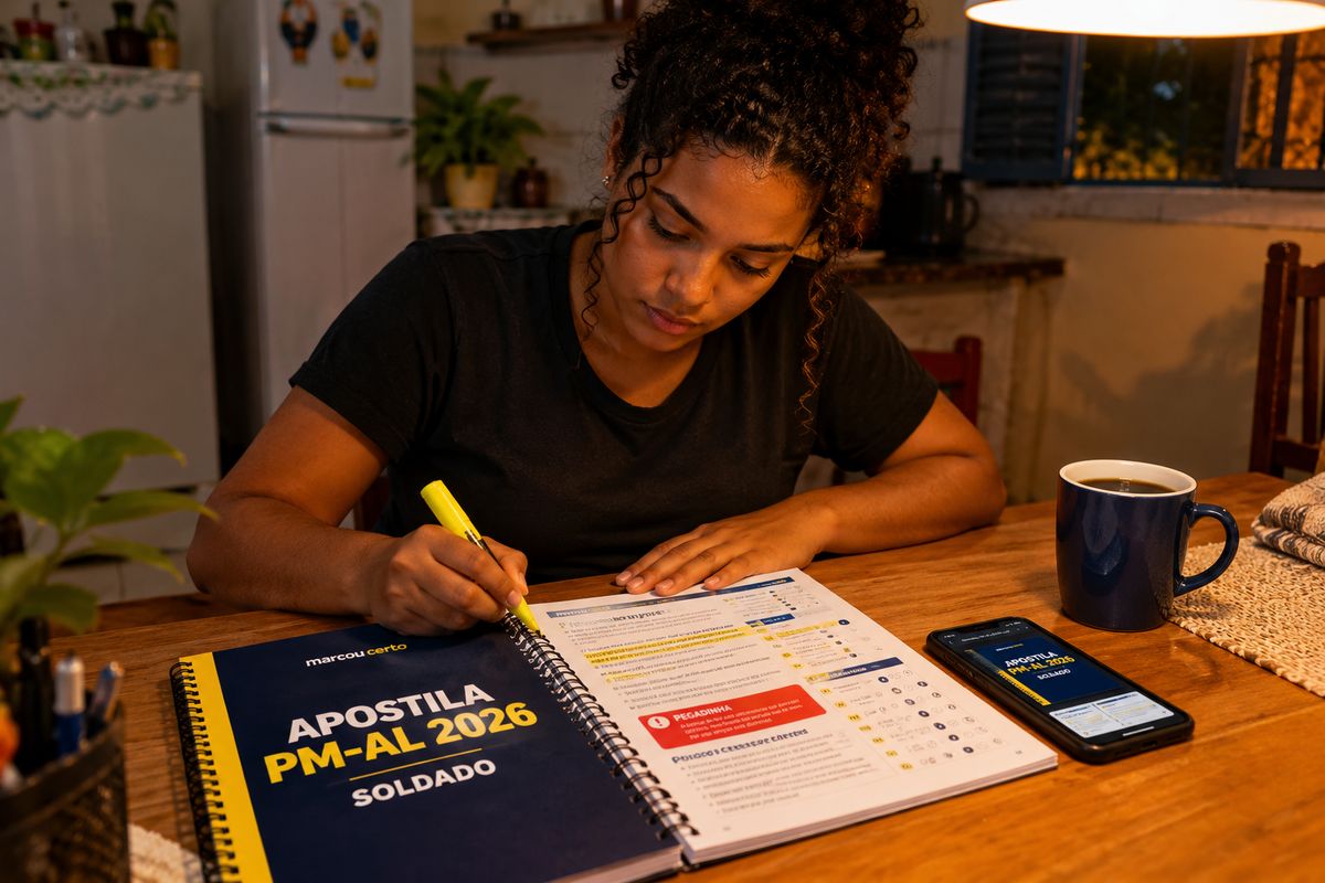 Candidata estudando à noite com a apostila