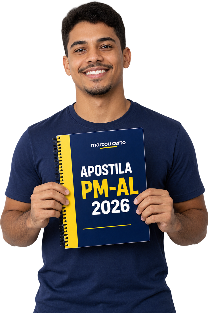 Candidato segurando a apostila PM-AL 2026